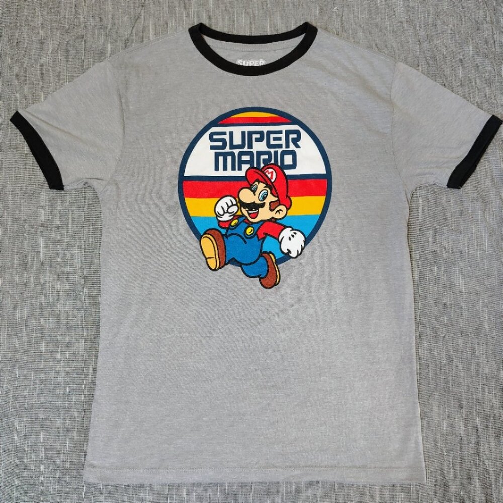 Super Mario Nintendo Ringer T-Shirt Boys Size Large Gray Blue Cotton Crewneck